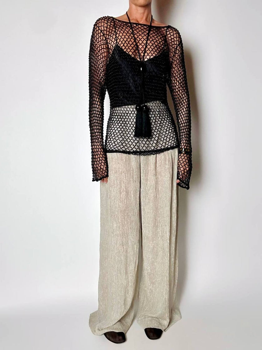 Pantalone a palazzo vintage Emporio Armani in seta goffrata champagne operata con filo metallico