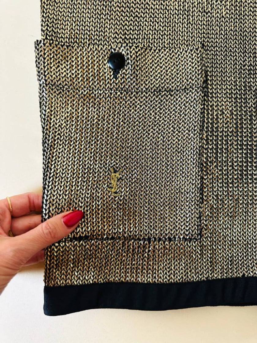 Mini dress oro in tessuto operato con profili neri in raso nero  “Yves Saint Laurent”