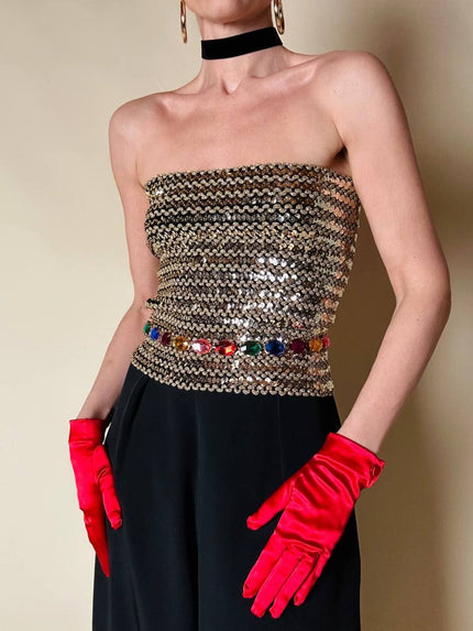 Top a fascia elasticizzato ricamato in paillettes e lurex oro