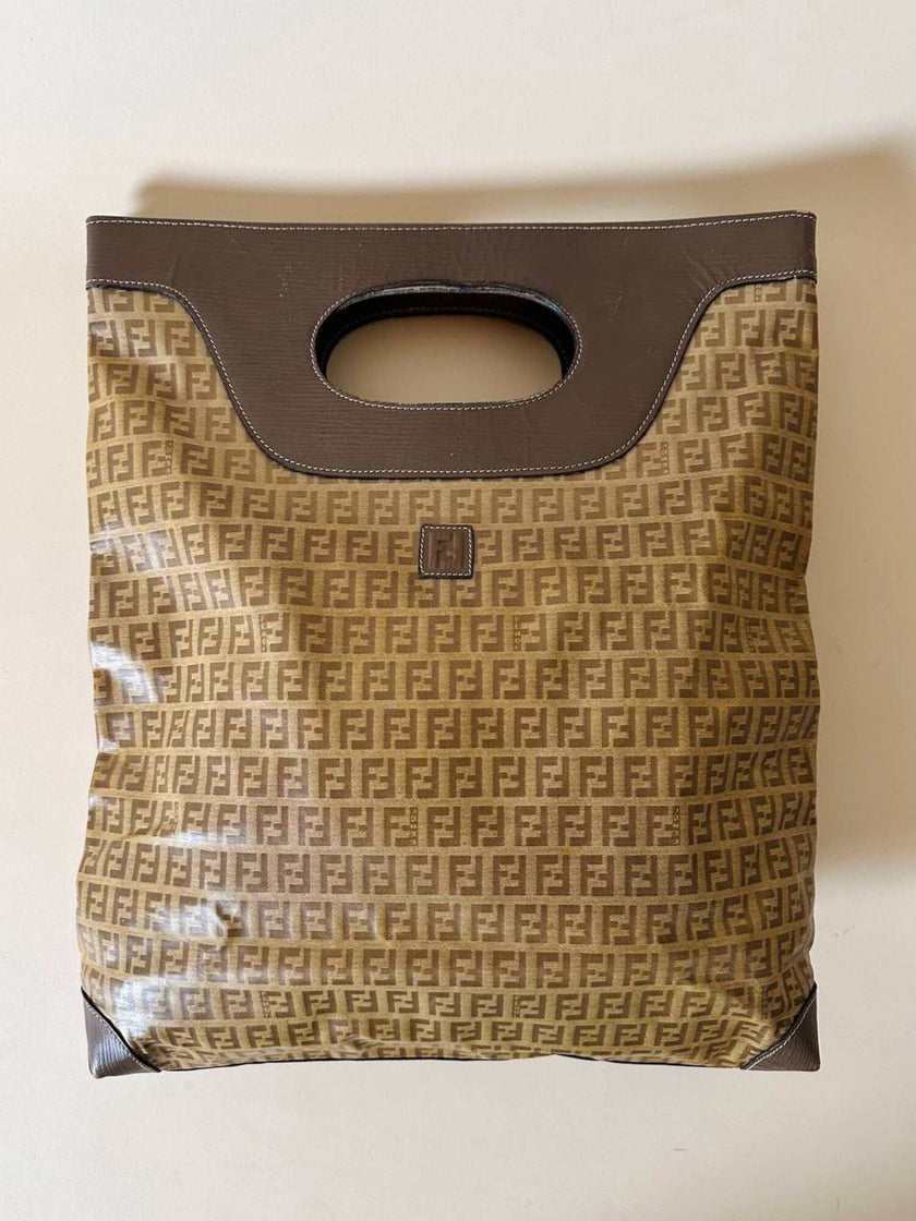 Tote bag vintage Fendi in tela monogram e marrone con finiture in pelle tortora