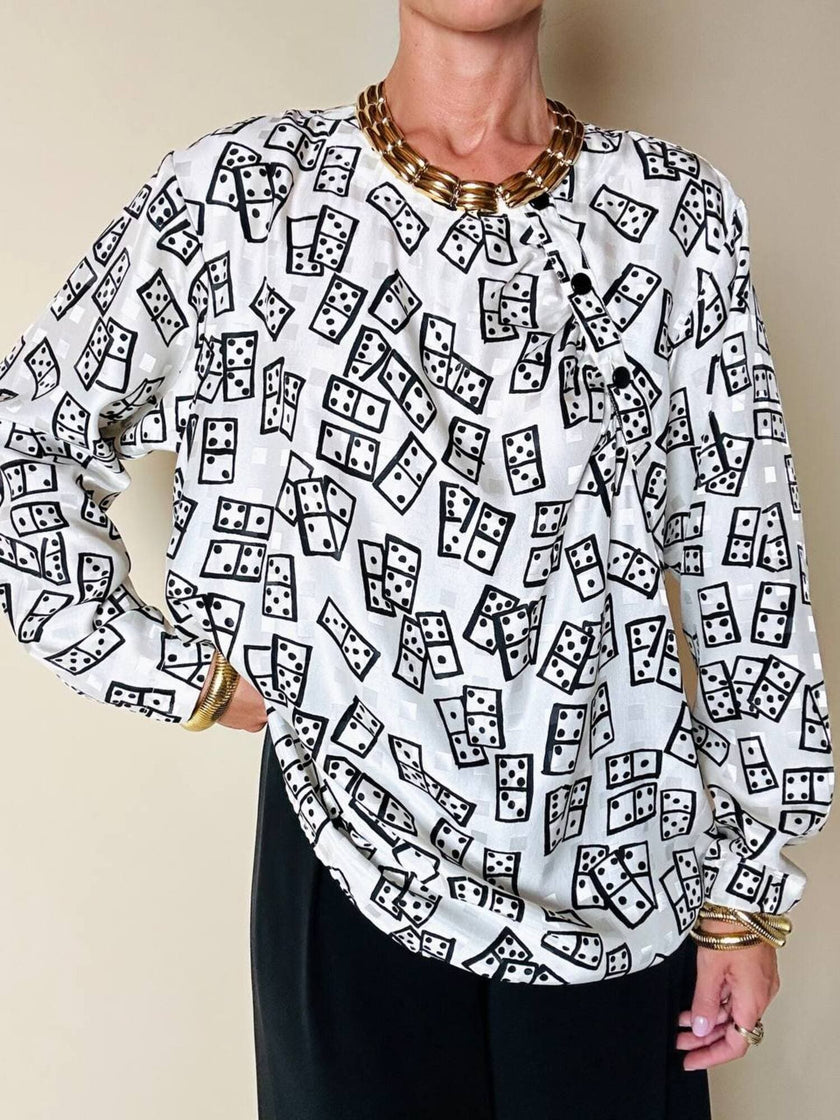 Blusa Yves Saint Laurent in tessuto jacquard bianco e nero fantasia Domino