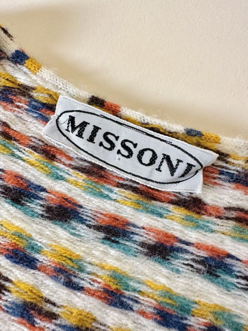 Vintage Missoni-Weste aus strukturierter Wolle in Cremeweiß mit buntem Muster