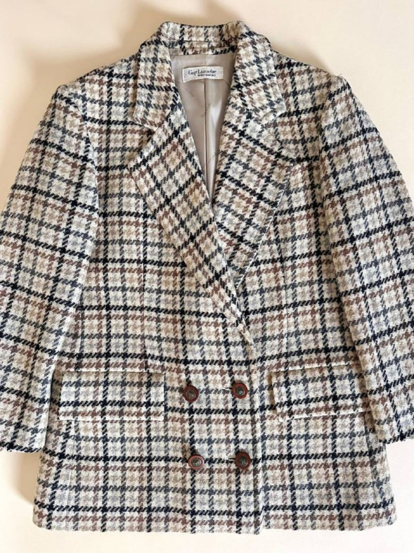 Guy Laroche Sportswear glen check wool double-breasted blazer with leather and metal buttons