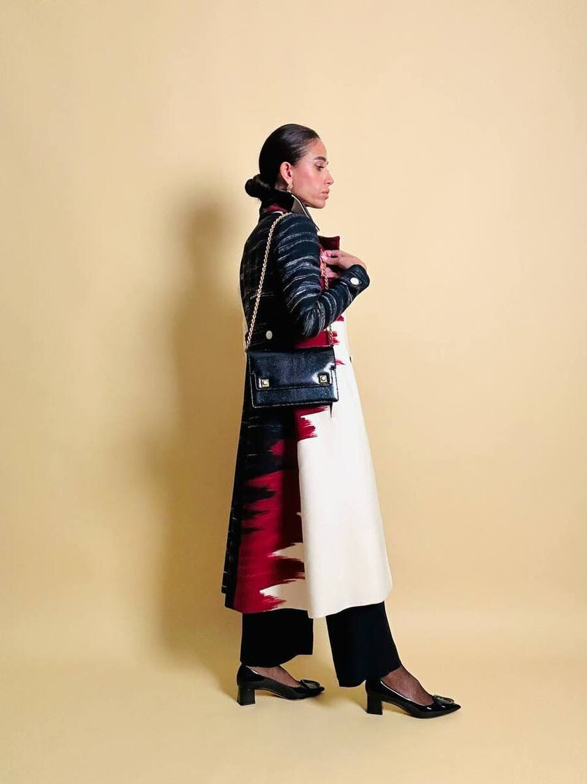 Cappotto redingote in lana fantasia astratta