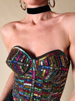 Bustier in paillettes multicolor e pizzo nero