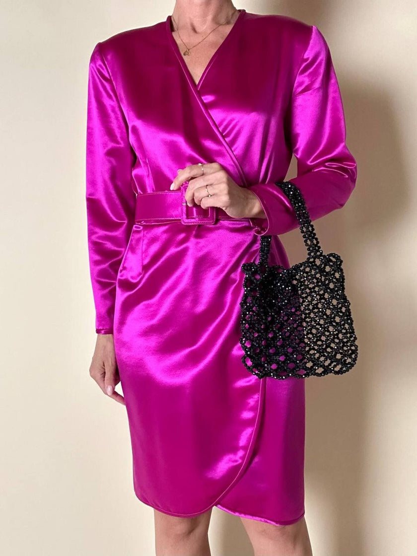 Wrap dress in raso ciclamino con cintura in coordinato “Sartoria Oriana Neri”