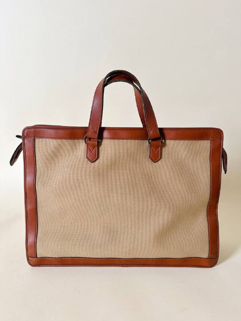 Borsa Yves Saint Laurent in canvas beige con profili color cuoio e motivo greca con logo
