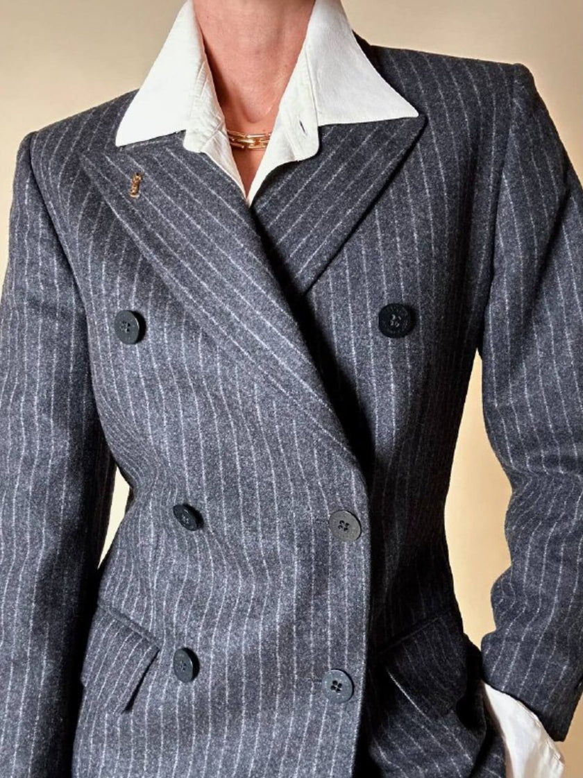 Tailleur gessato giacca/pantalone in lana grigio antracite “Antonio Fusco”