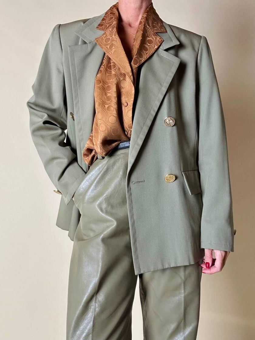 Blazer doppiopetto Yves Saint Laurent  in rasato di lana cachi con bottoni gioiello