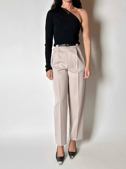 Pantalone vintage in fresco di lana greige con pince e abbottonatura su ambo i lati