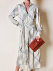 Abito Guy Laroche in crepe beige fantasia geometrica nera e azzurra