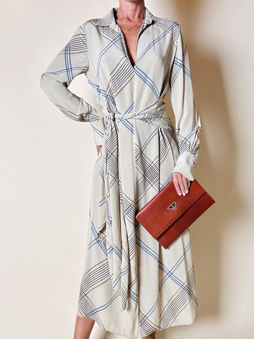 Abito Guy Laroche in crepe beige fantasia geometrica nera e azzurra
