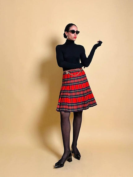 Minigonna a pieghe in lana e cachemire fantasia tartan