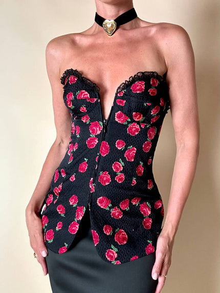 Bustier nero fantasia rose rosse in seta operata “Rena Lange”