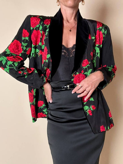 Blazer doppiopetto in tessuto moiré fantasia rose rosse