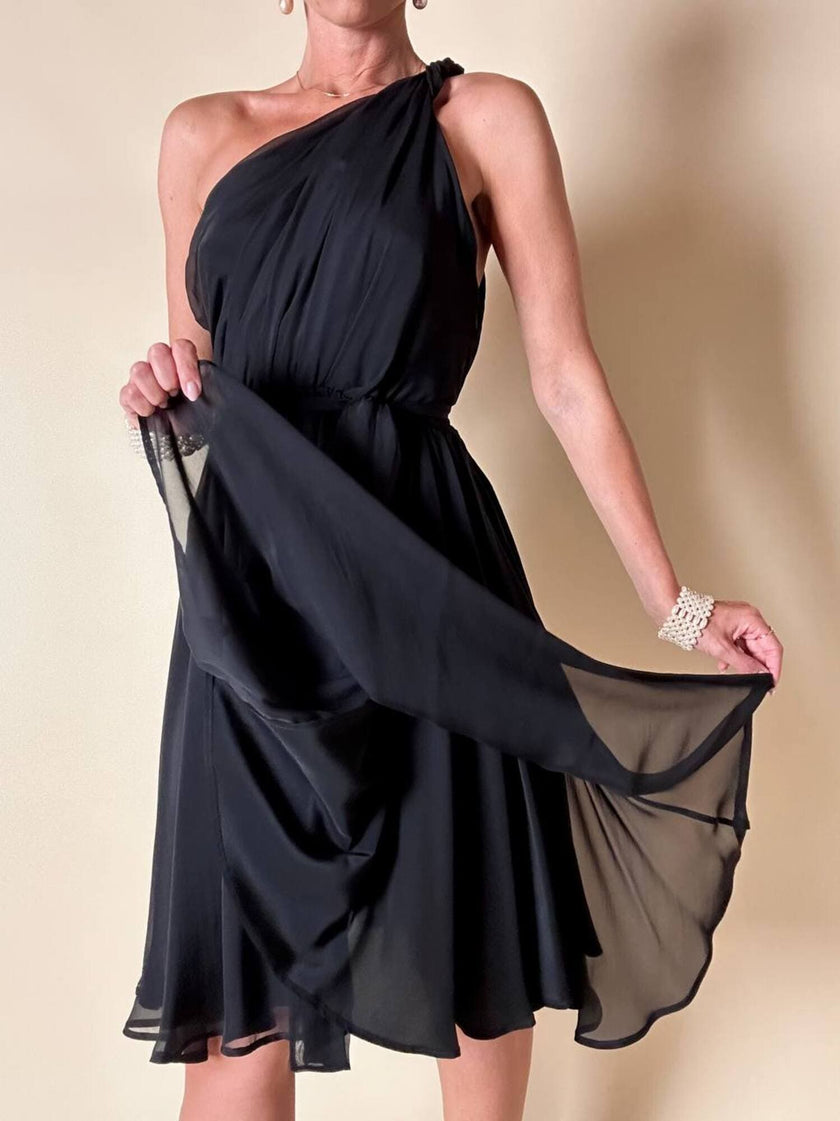 Abito mono spalla con gonna a ruota in voile di seta nero “MSGM”
