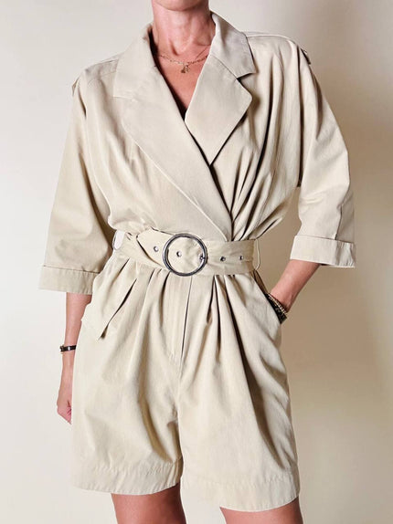 Mini Jumpsuit Weili Zheng in cotone sabbia con cintura e maxi fibbia argento