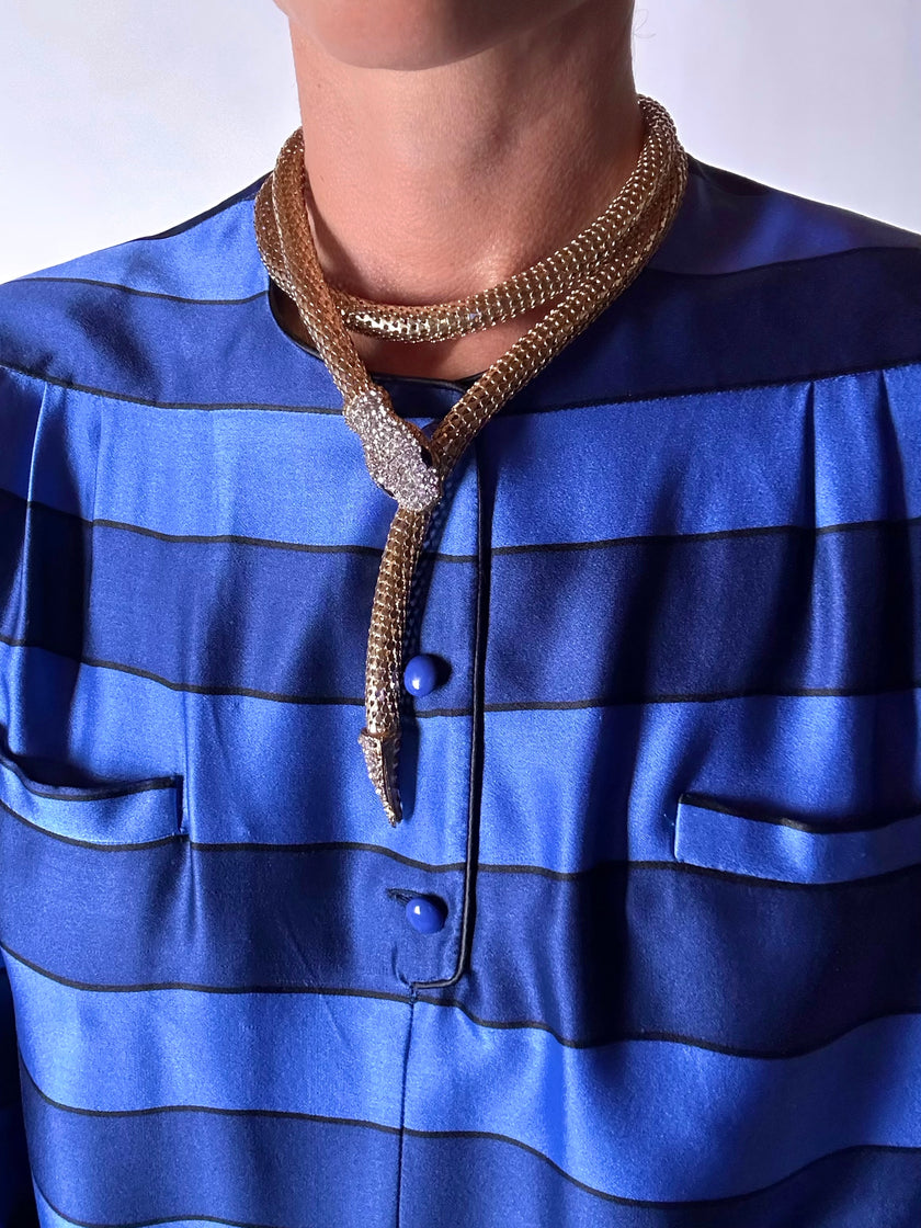 Collana/cintura gioiello vintage a forma di serpente in maglia metallica dorata con strass