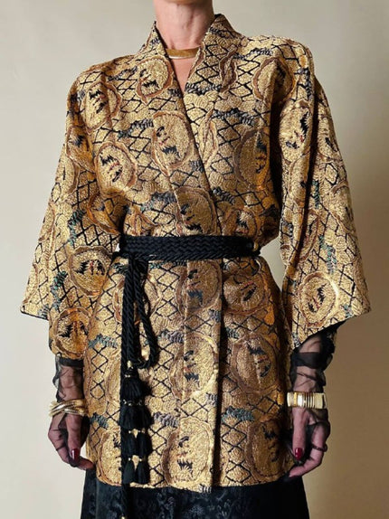 Kimono cinese in broccato di seta oro fantasia dragoni
