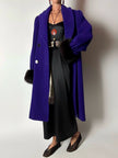Cappotto vintage blu violaceo in lana con polsi in pelliccia di volpe nera
