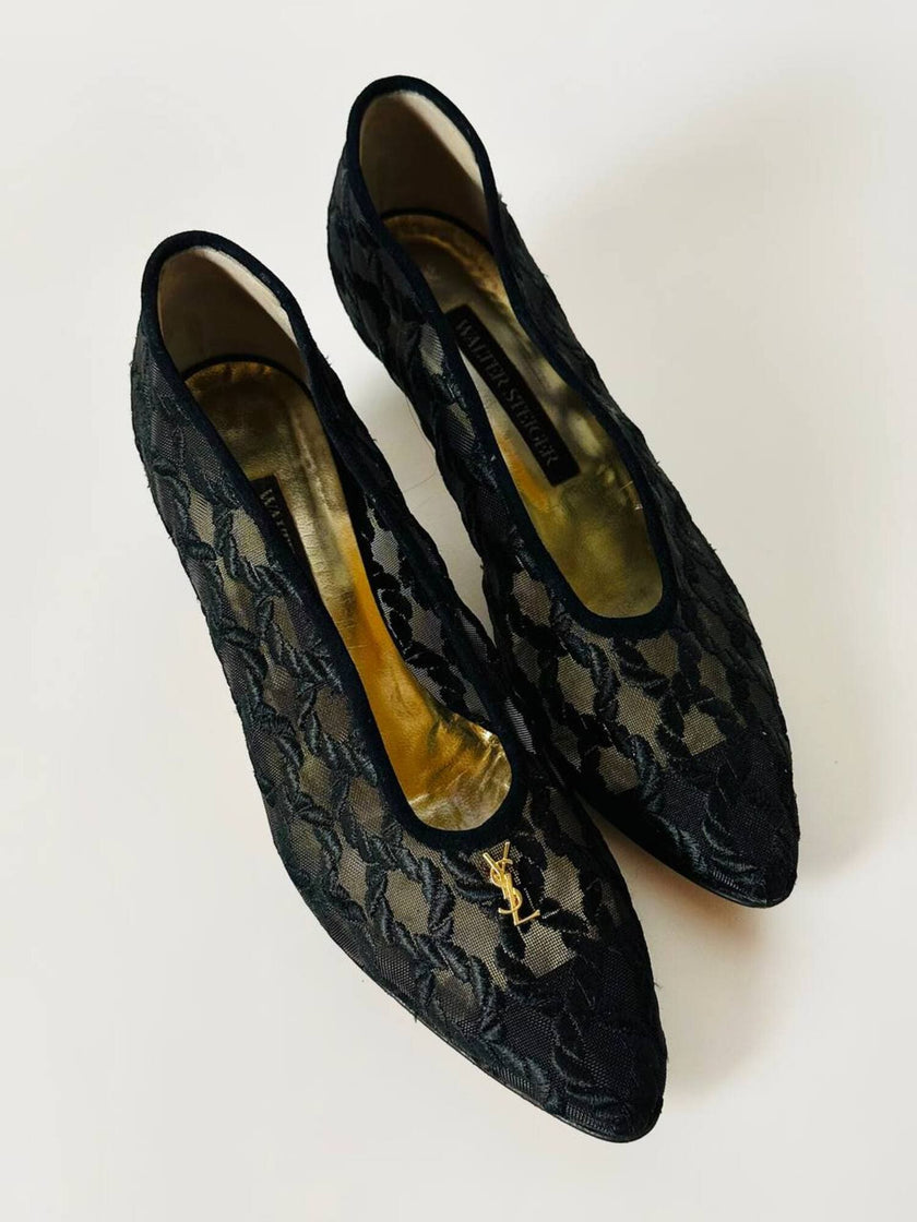 Ballerine vintage Walter Steiger in rete nera ricamata
