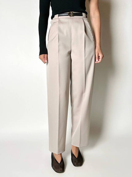 Pantalone vintage in fresco di lana greige con pince e abbottonatura su ambo i lati