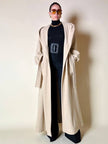 Cappotto lungo a vestaglia con cappuccio in drap di lana beige “Yves Saint Laurent”