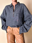 Blusa Yves Saint Laurent oversize in denim grigio con zip e logo ricamato