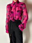 Camicia vintage Emanuel Ungaro in chiffon fucsia e lamé nero con volant plissé