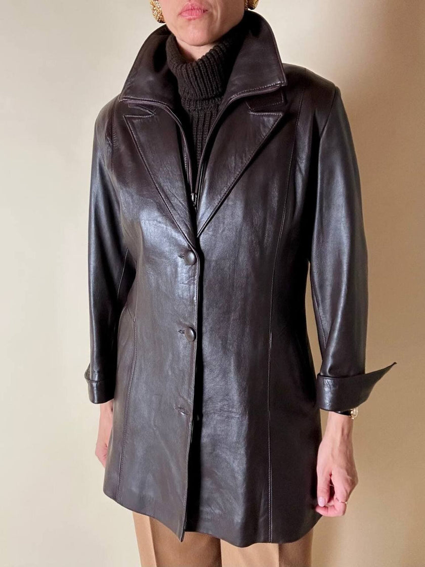 Dunkelbraune Vintage-Lederjacke mit integrierter Weste