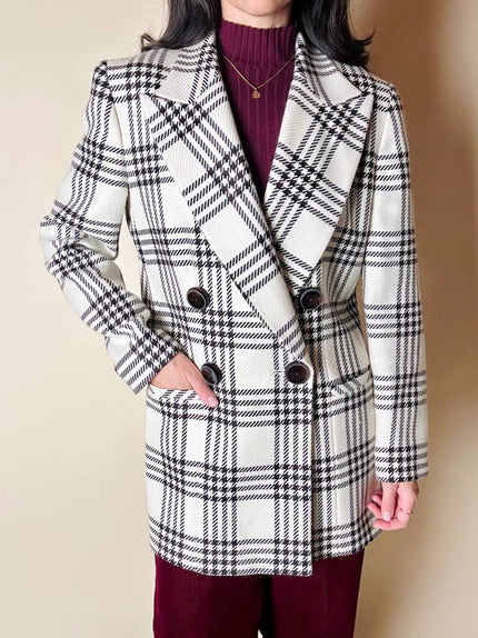 Blazer vintage Gai Mattiolo doppiopetto in lana panna con fantasia principe di Galles testa di moro