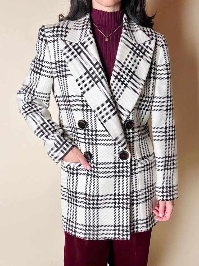 Blazer vintage Gai Mattiolo doppiopetto in lana panna con fantasia principe di Galles testa di moro