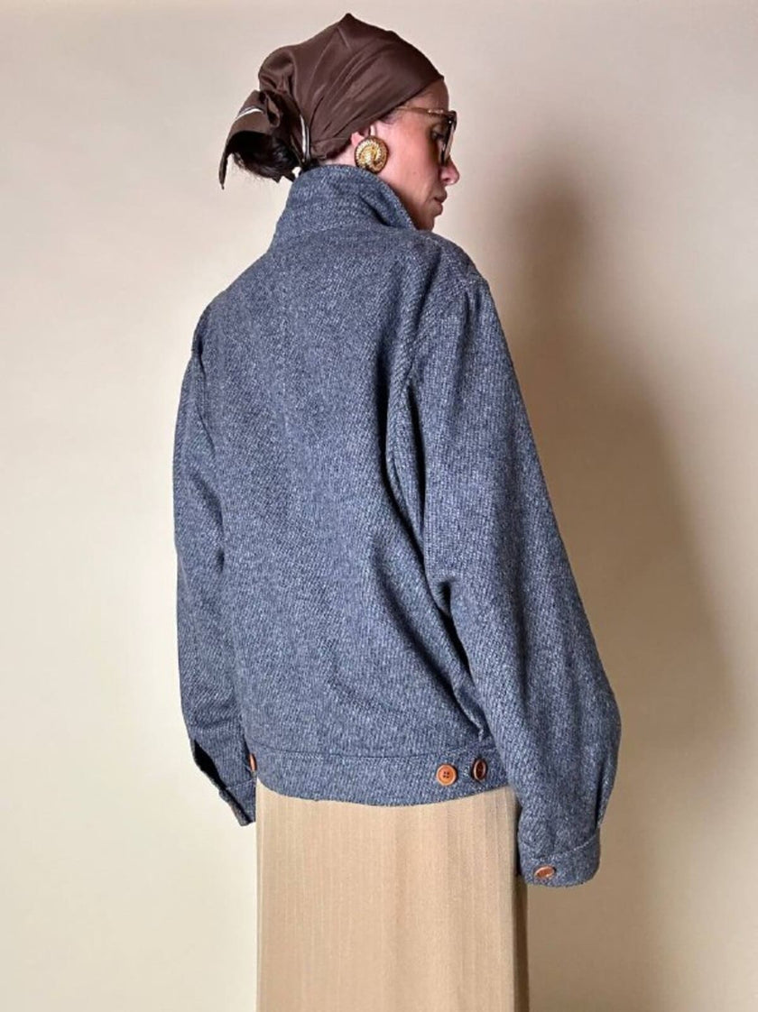 Bomber Yves Saint Laurent in lana grigio mélange con bottoni color cuoio