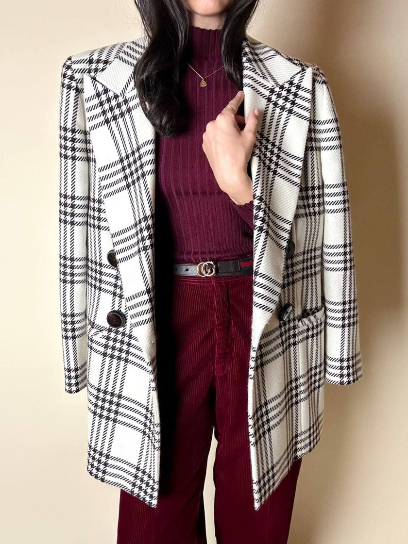 Blazer vintage Gai Mattiolo doppiopetto in lana panna con fantasia principe di Galles testa di moro
