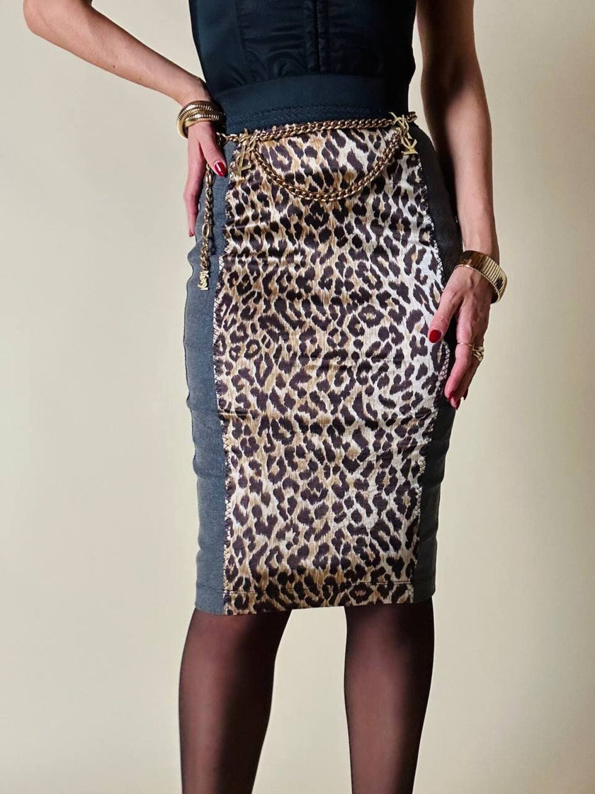 Longuette leopardata con riporti in tela grigia “D&G”