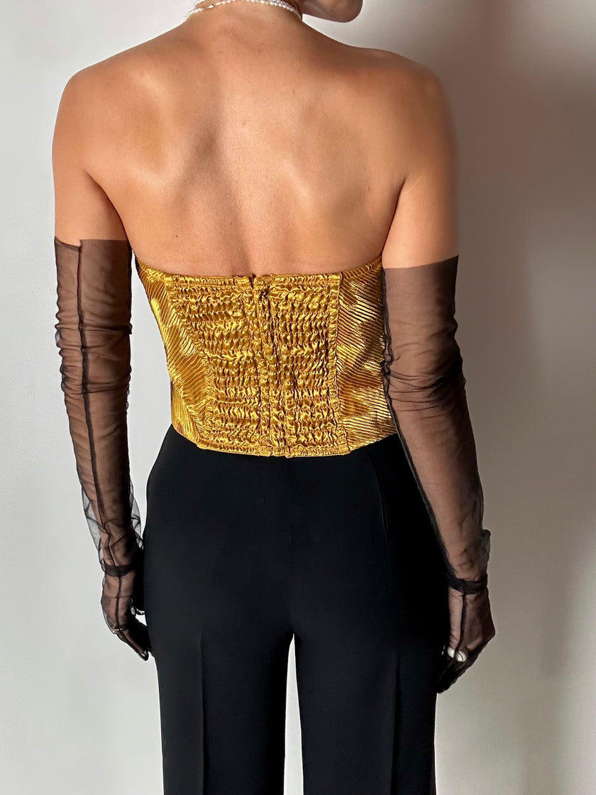 Bustier vintage La Perla in raso micro plissé ocra con scollo a cuore