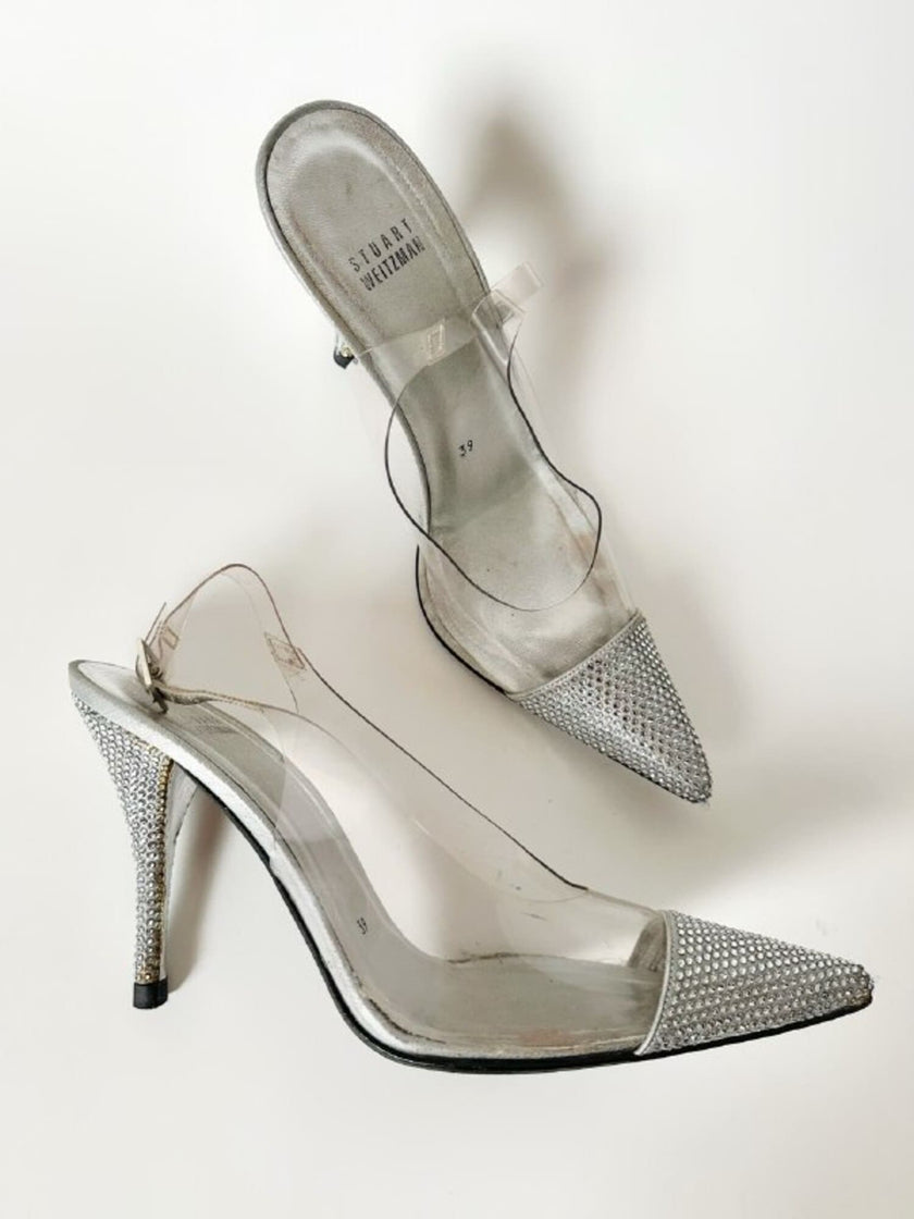 Slingback vintage a punta in plexi e strass argento Stuart Weitzman