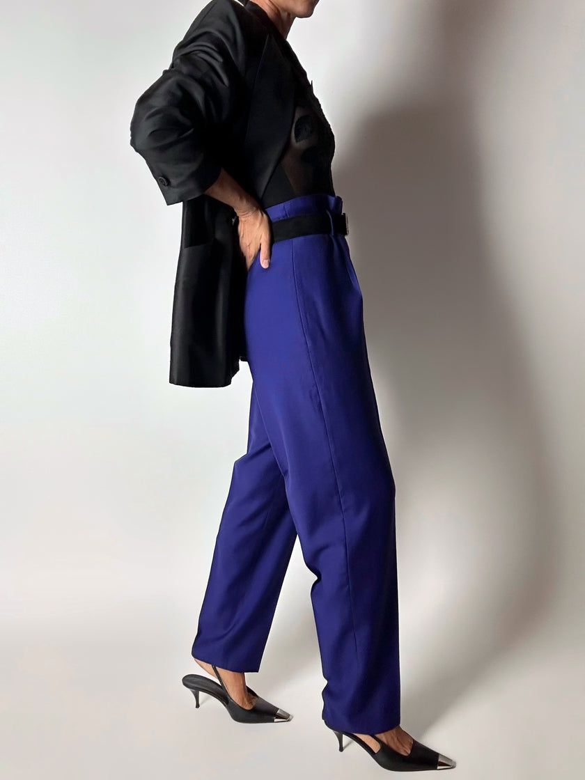 Pantalone vintage Cristina Gavioli a vita con piega in lana blu violetto