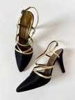 Sandali vintage Yves Saint Laurent in raso di seta nero e pelle laminata oro