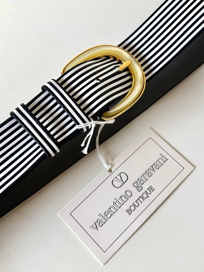 Vintage Valentino Garavani black and white striped belt with metal and resin hardware