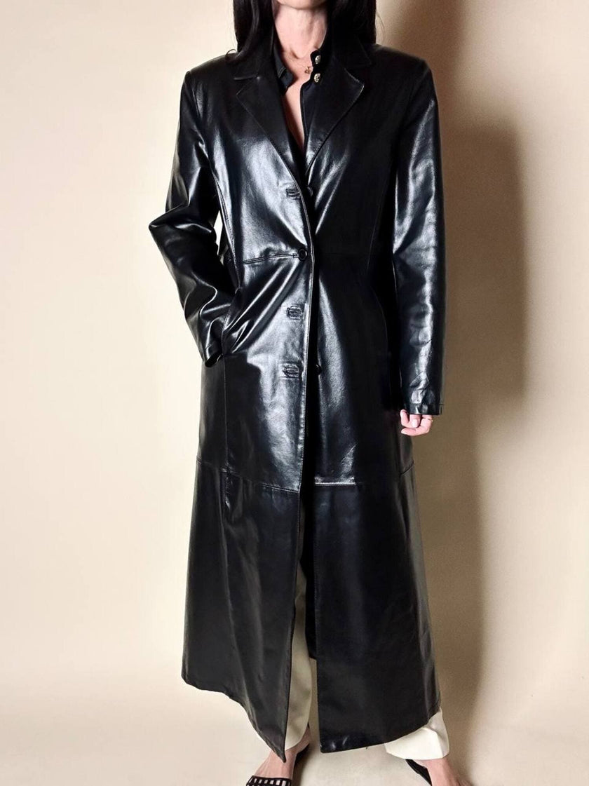 Maxi cappotto vintage in pelle nera semi lucida Vera Pelle