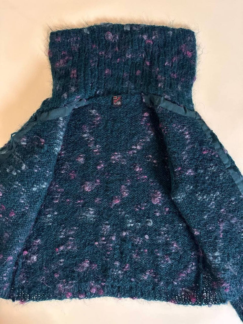 Cardigan in lana bouclé verde bottiglia con lavorazione bottonata multicolor
