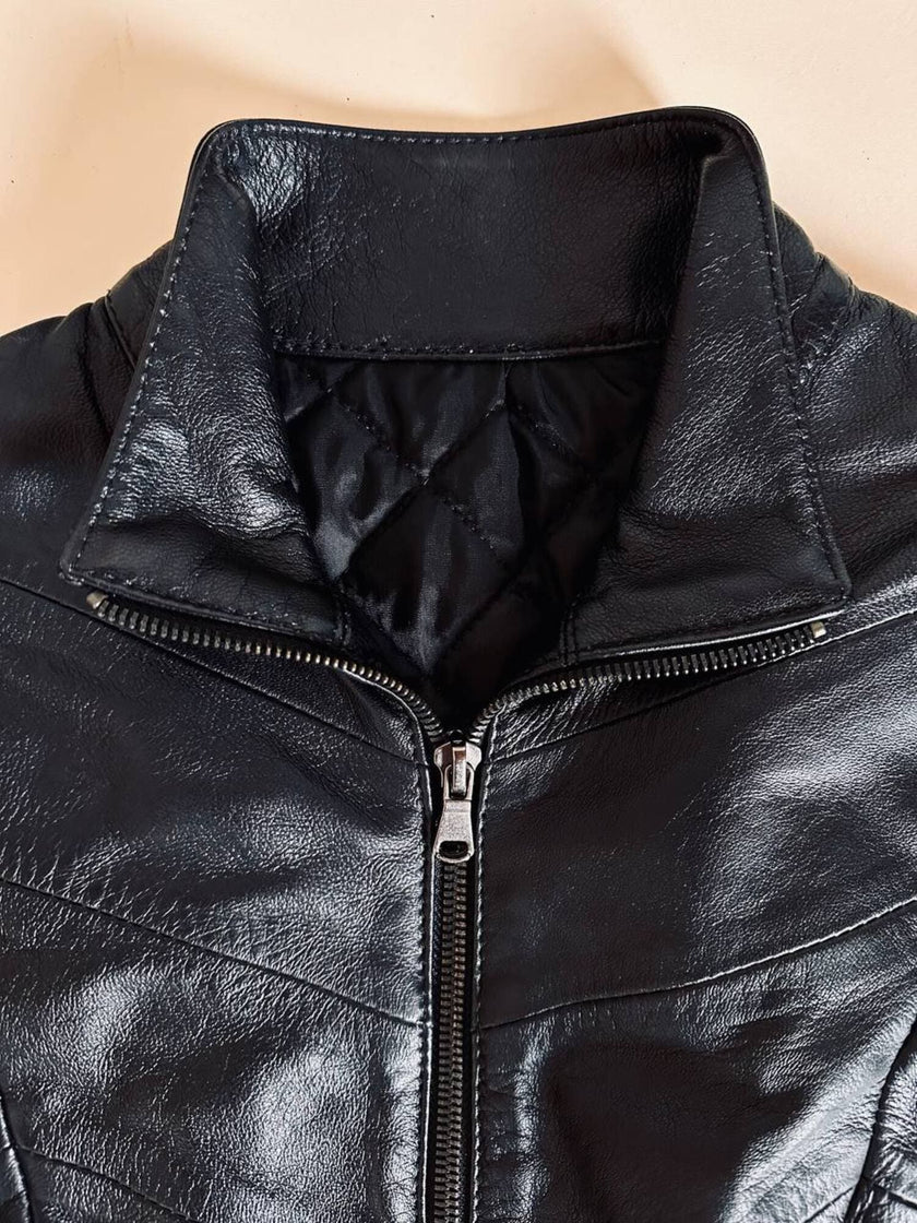 Schwarze Lederjacke in Ton-in-Ton-Patchwork-Verarbeitung „Ilaria F.“