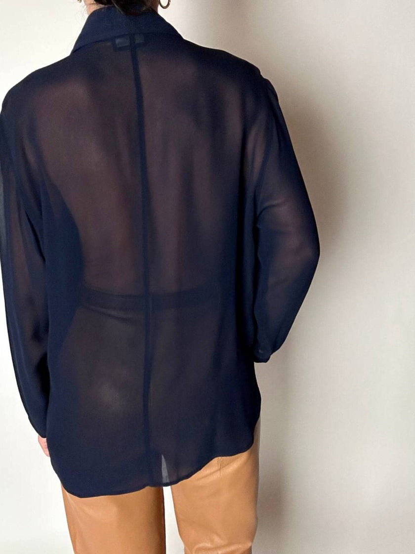 Camicia vintage Fendi Jeans blu navy con dettagli in crepe chiffon e bottoni in madreperla