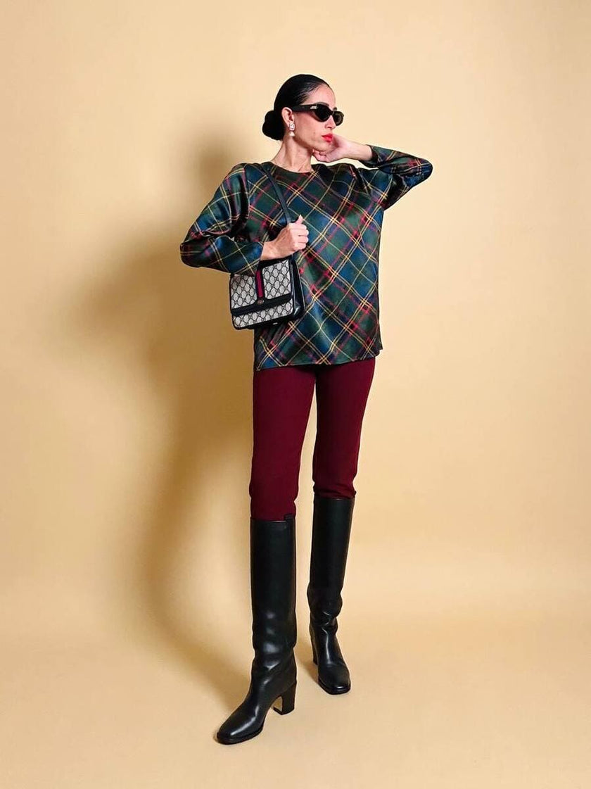 Blusa in raso di seta tartan 