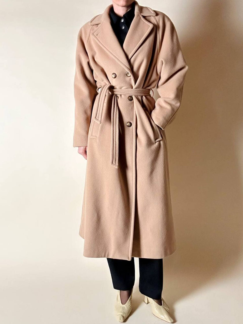 Cappotto vintage Kamaé modello vestaglia in lana e cachemire cammello chiaro