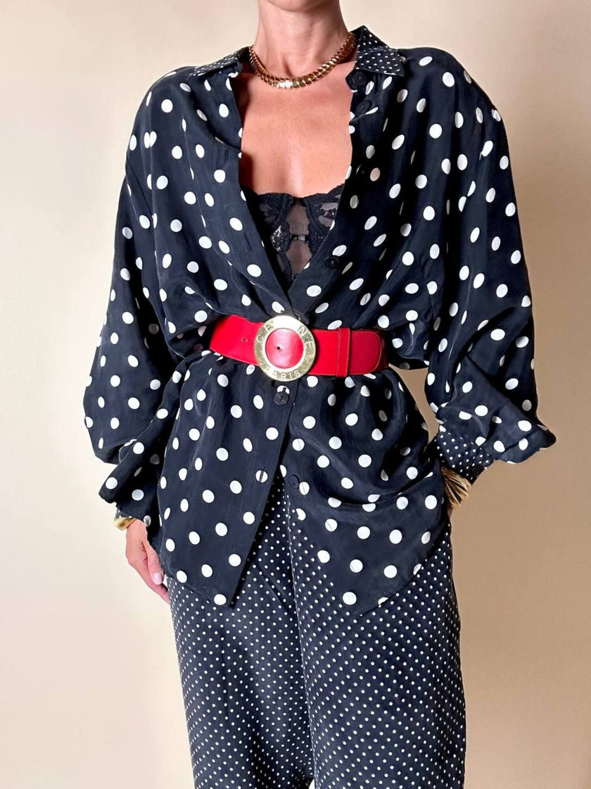 Cintura alta in pelle rossa con fibbia rotonda dorata “Celine”