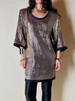 Mini dress oro in tessuto operato con profili neri in raso nero  “Yves Saint Laurent”