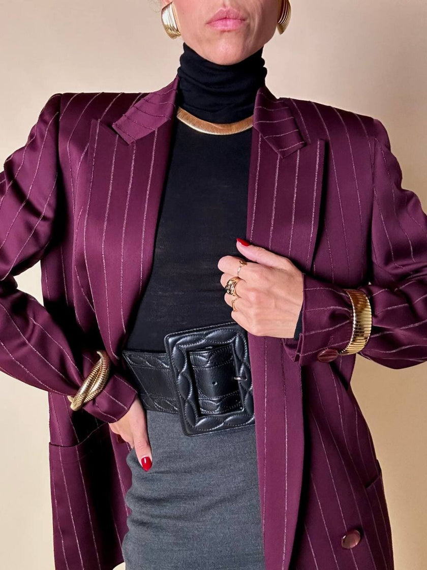 Blazer doppiopetto in rasato di lana gessato color burgundy “Gianni Versace”