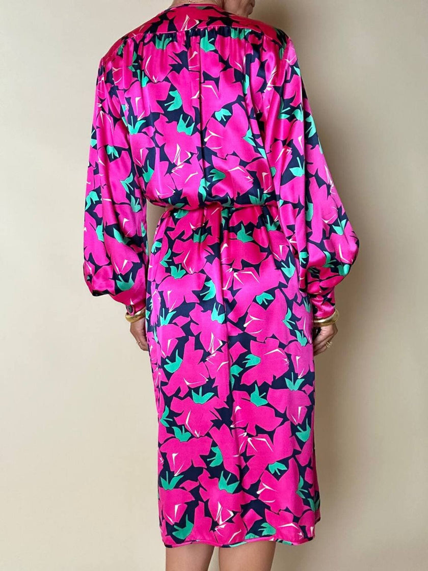 Vintage Yves Saint Laurent Wickelkleid aus Seidensatin mit Blumenmuster